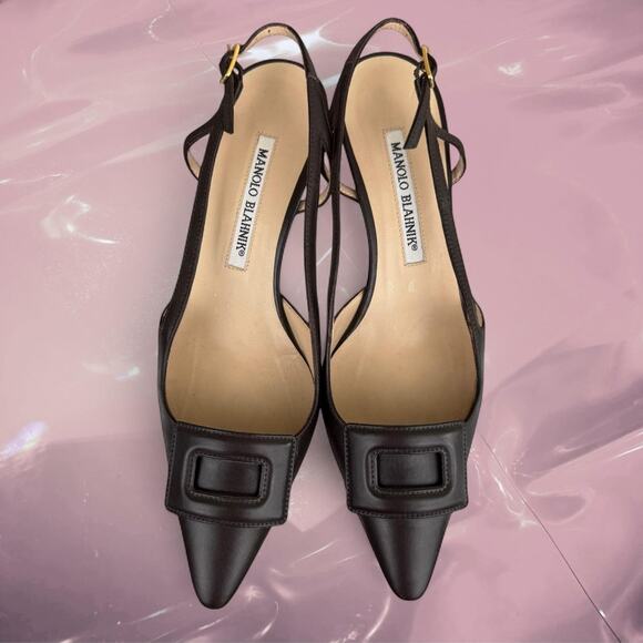 Manolo Blahnik Shoes - Manolo Blahnik brown leather slingback heels pointed toe buckle detail size 35.5